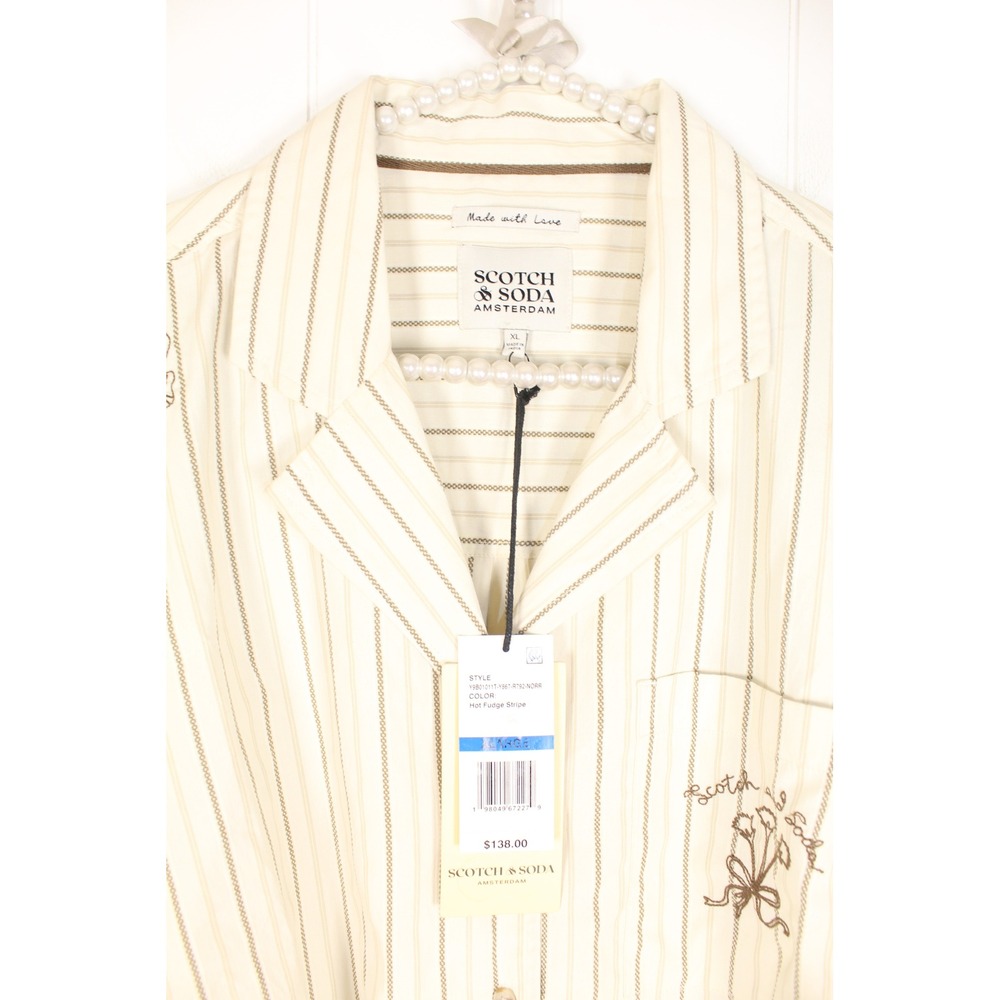 NWT Scotch & Soda Notch Lapel Button Up Tan/Brown Striped Embroidered Top XL - Picture 6 of 7
